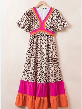 SHEIN Leopard Print Maxi Dress with Pink & Orange Trim